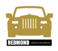 Gold silhouette of a luxury limousine front view with bold text ‘Redmond’ and smaller text ‘Limos & Car Service’ below, representing Redmond-based private car and limo transportation.