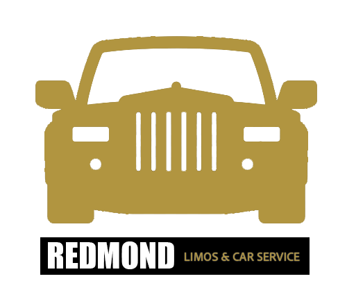 Gold silhouette of a luxury limousine front view with bold text ‘Redmond’ and smaller text ‘Limos & Car Service’ below, representing Redmond-based private car and limo transportation.