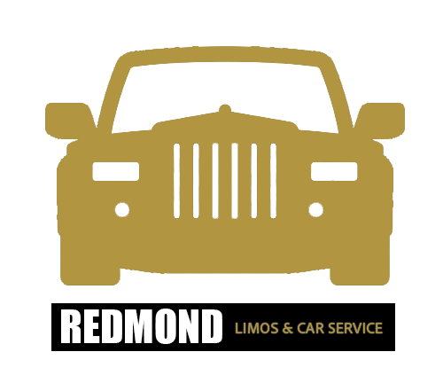 Gold silhouette of a luxury limousine front view with bold text ‘Redmond’ and smaller text ‘Limos & Car Service’ below, representing Redmond-based private car and limo transportation.